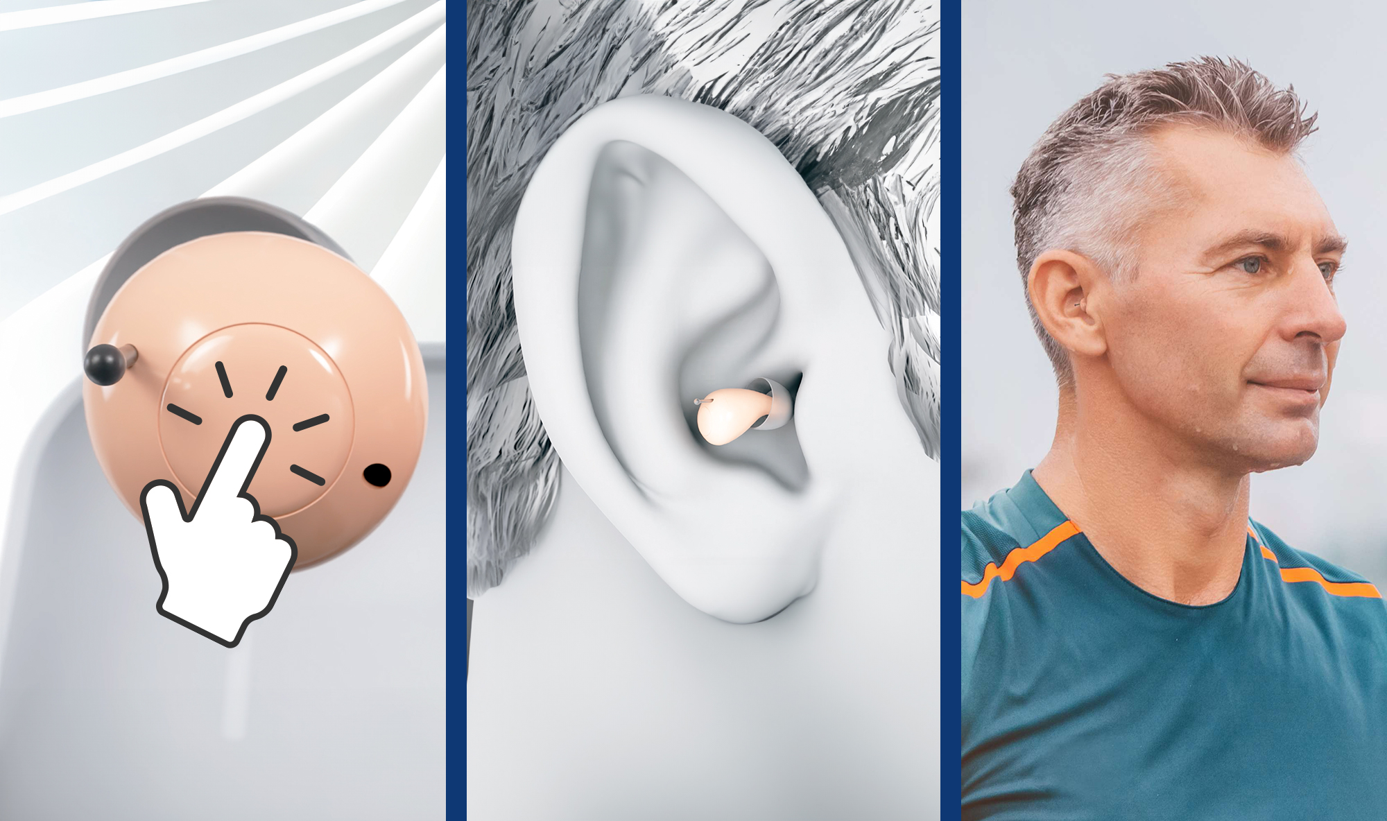 Audien Atom 2 close-up, fitted inside an ear, and worn discreetly by a man outdoors